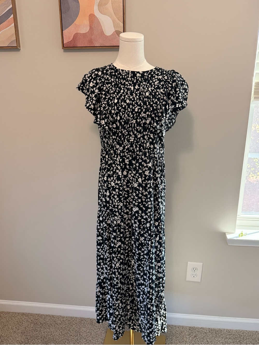 Black & White Floral Smocked Maxi Dress with Flutter Sleeves